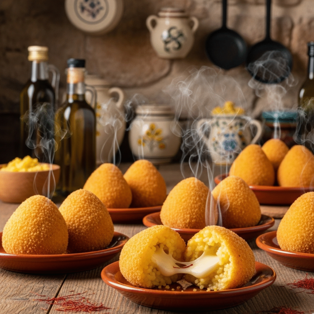 Receta Tradicional de Arancini Sicilianos - Esferas Doradas Perfectas (2) Arancini sicilianos dorados recién fritos sobre mesa rústica con ingredientes tradicionales italianos