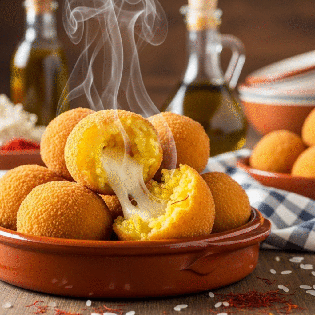 Receta Tradicional de Arancini Sicilianos - Esferas Doradas Perfectas (3) Arancini sicilianos dorados recién fritos sobre mesa rústica con ingredientes tradicionales italianos