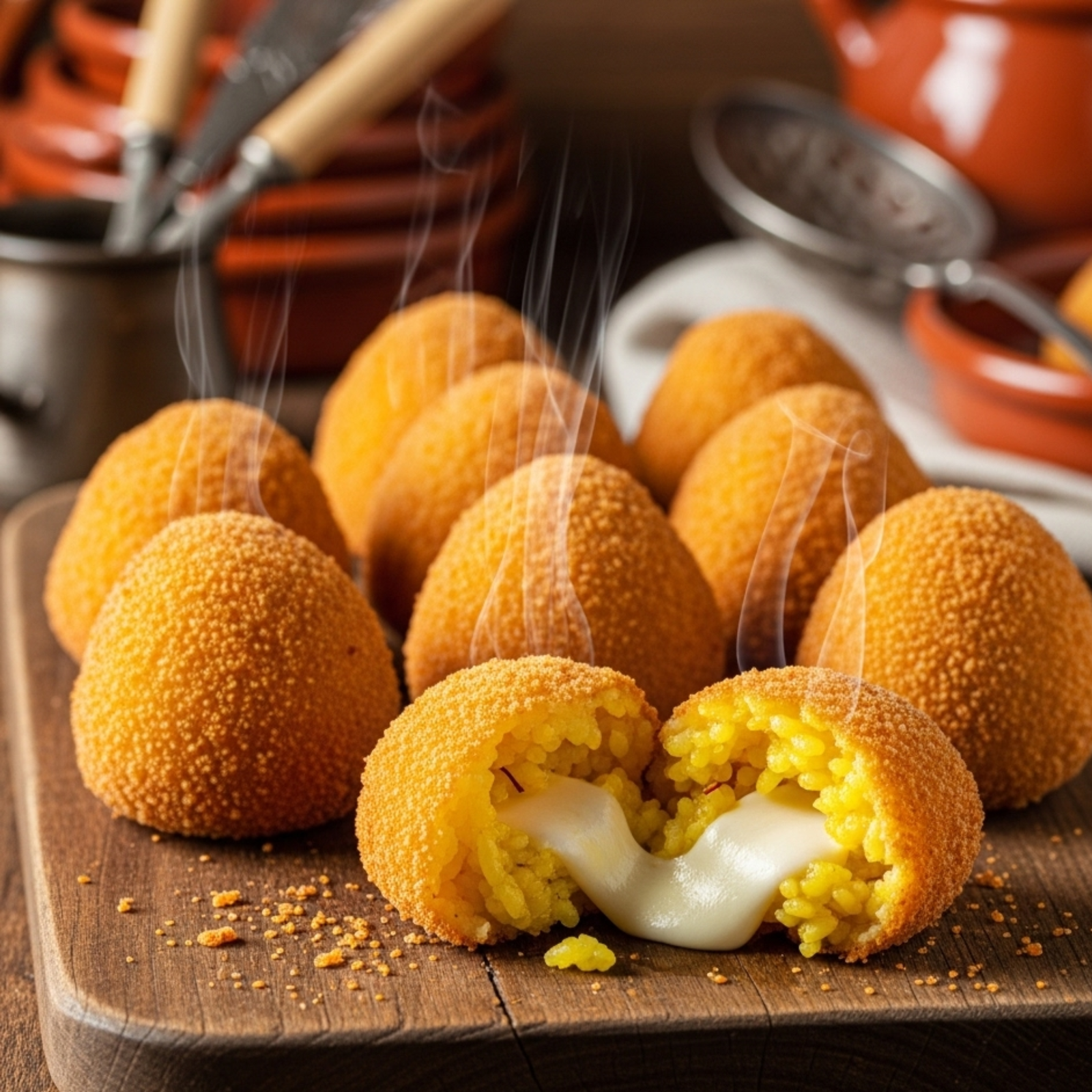 Arancini sicilianos dorados recién fritos sobre mesa rústica con ingredientes tradicionales italianos