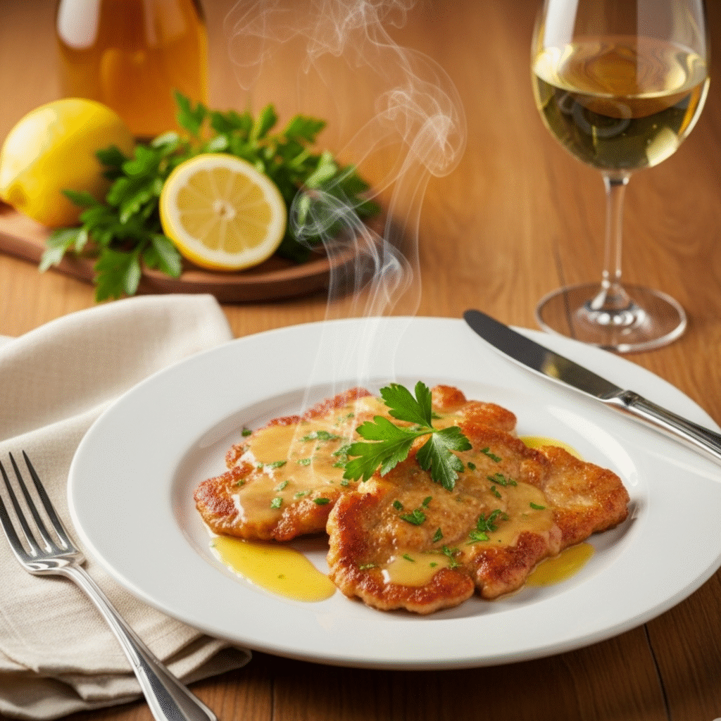 Scaloppine al Limone Tradicional Italiana - Receta Fácil 15 Minutos Scaloppine al limone italianas auténticas con salsa de limón y mantequilla dorada servidas en plato elegante
