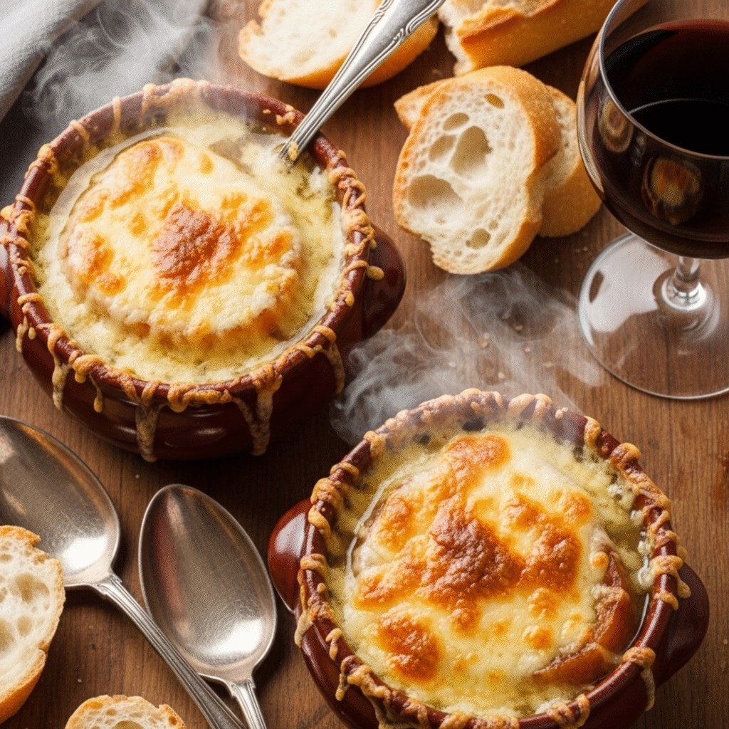 Auténtica sopa de cebolla francesa con queso Gruyère gratinado dorado y burbujeante
