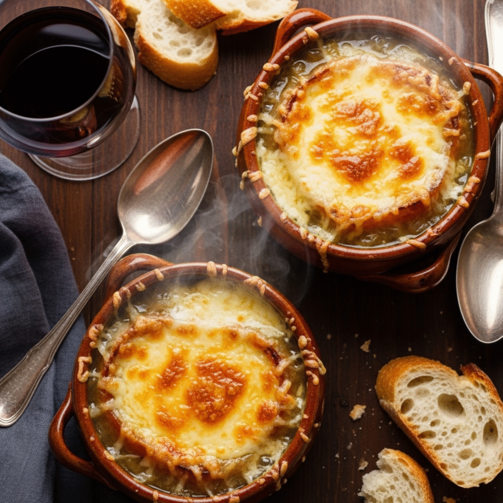 Auténtica sopa de cebolla francesa con queso Gruyère gratinado dorado y burbujeante