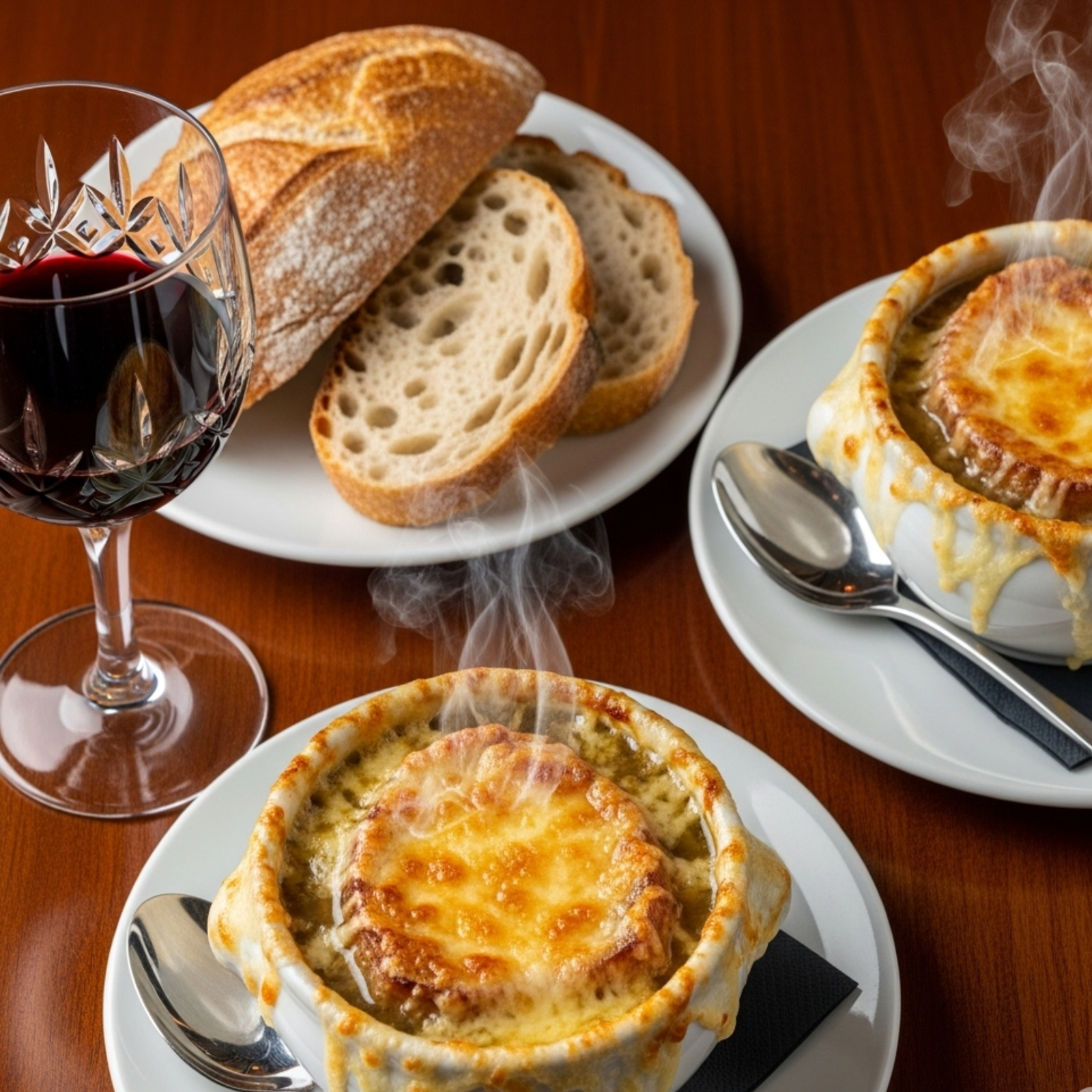 Auténtica sopa de cebolla francesa con queso Gruyère gratinado dorado y burbujeante