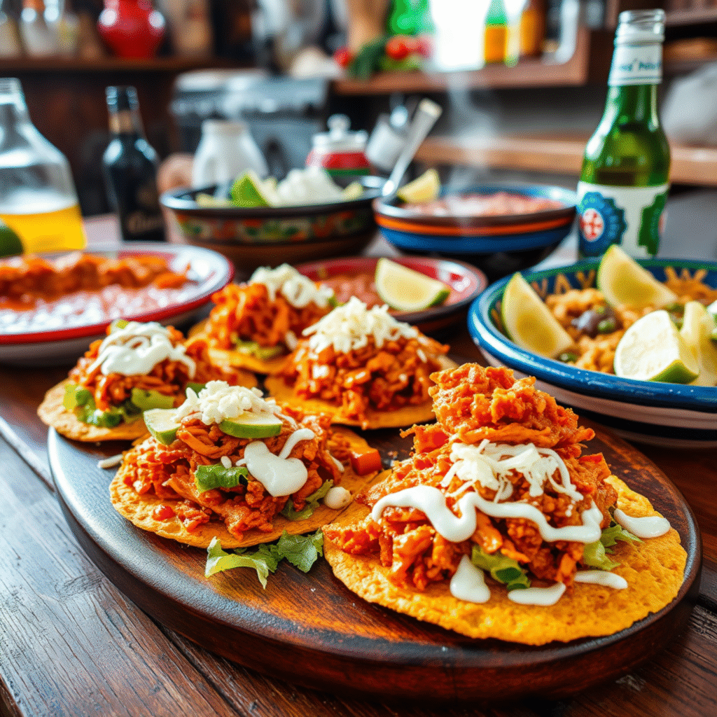 Tostadas de Tinga Mexicanas - Receta Fácil y Económica en 30 Minutos 2 Tostadas de tinga mexicanas auténticas con pollo deshebrado en salsa de chipotle, frijoles refritos, lechuga y queso fresco sobre mesa rústica