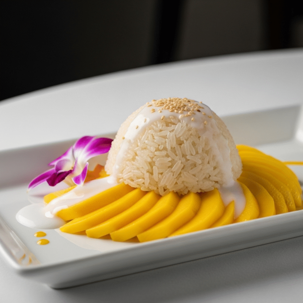 Arroz pegajoso con mango tailandés (Khao Niao Mamuang) en plato blanco elegante, mango maduro, arroz glutinoso, salsa de coco, orquídea comestible. Postre tailandés gourmet, alta cocina