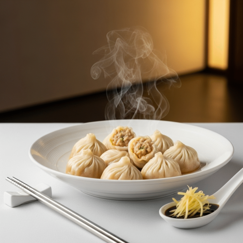 Xiaolongbao Caseros Receta Fácil de Dumplings con Caldo Explosivo Xiaolongbao chinos tradicionales humeantes en plato blanco de restaurante de alta cocina, dumplings de sopa con relleno de cerdo y caldo dorado, palillos de plata, cuchara de porcelana con salsa de vinagre negro y jengibre fresco. Comida china gourmet, presentación elegante.