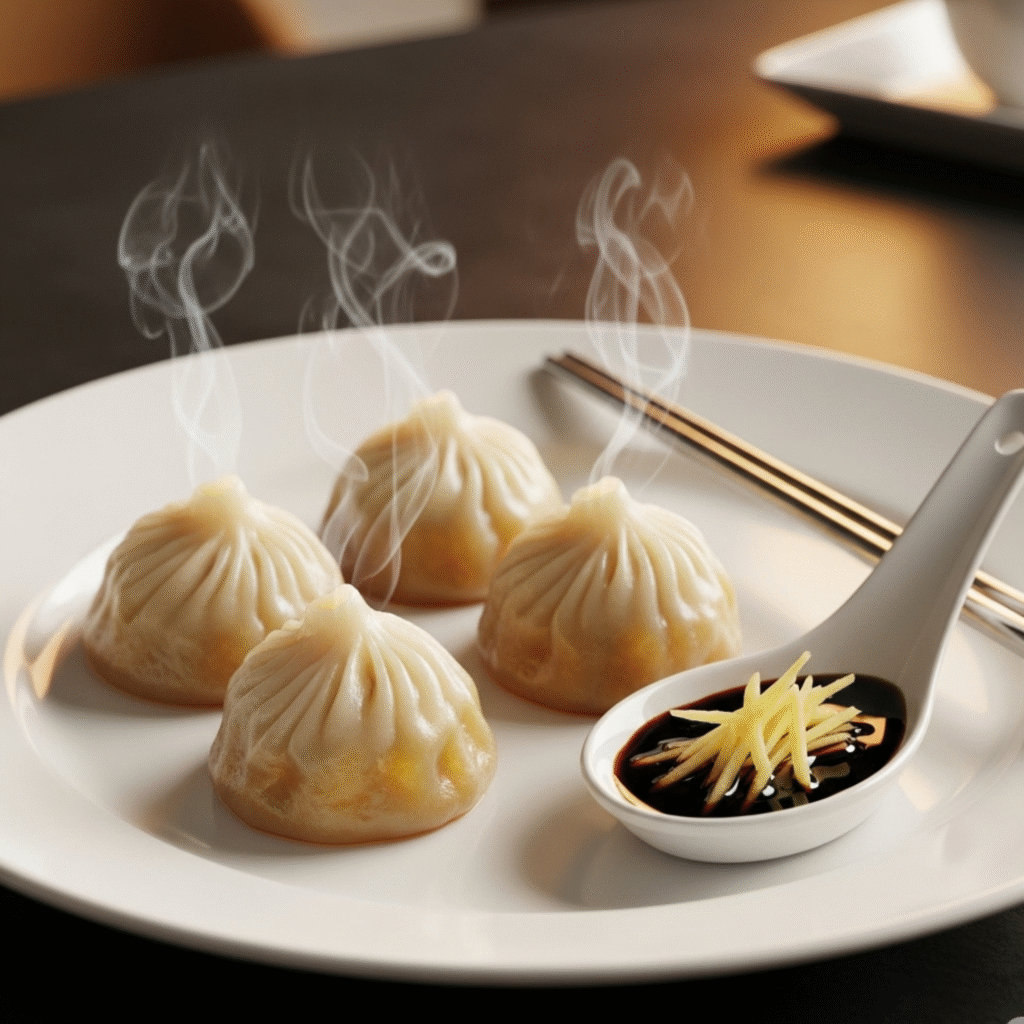 Xiaolongbao Caseros Receta Fácil de Dumplings con Caldo Explosivo (2) Xiaolongbao chinos tradicionales humeantes en plato blanco de restaurante de alta cocina, dumplings de sopa con relleno de cerdo y caldo dorado, palillos de plata, cuchara de porcelana con salsa de vinagre negro y jengibre fresco. Comida china gourmet, presentación elegante.