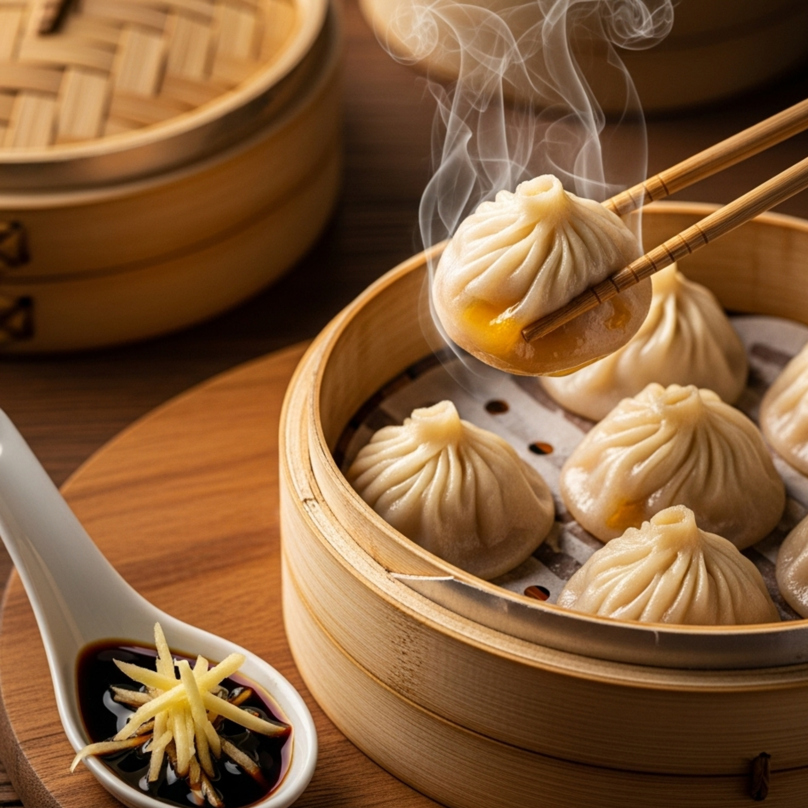 Xiaolongbao auténticos de Shanghai en vaporera de bambú con caldo interior humeante