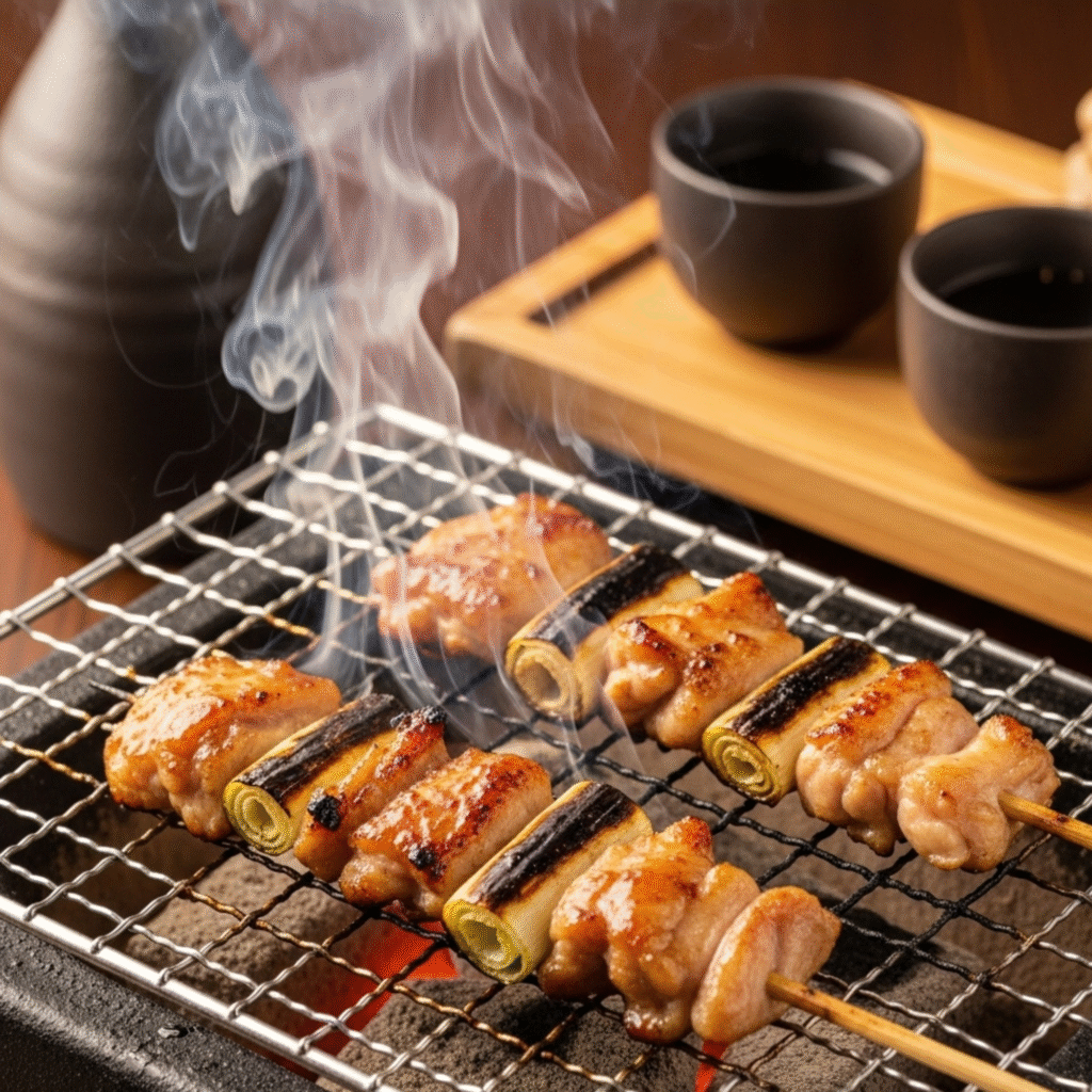 Yakitori tradicional japonés con salsa tare glaseada cocinándose sobre carbón binchotan en izakaya auténtico