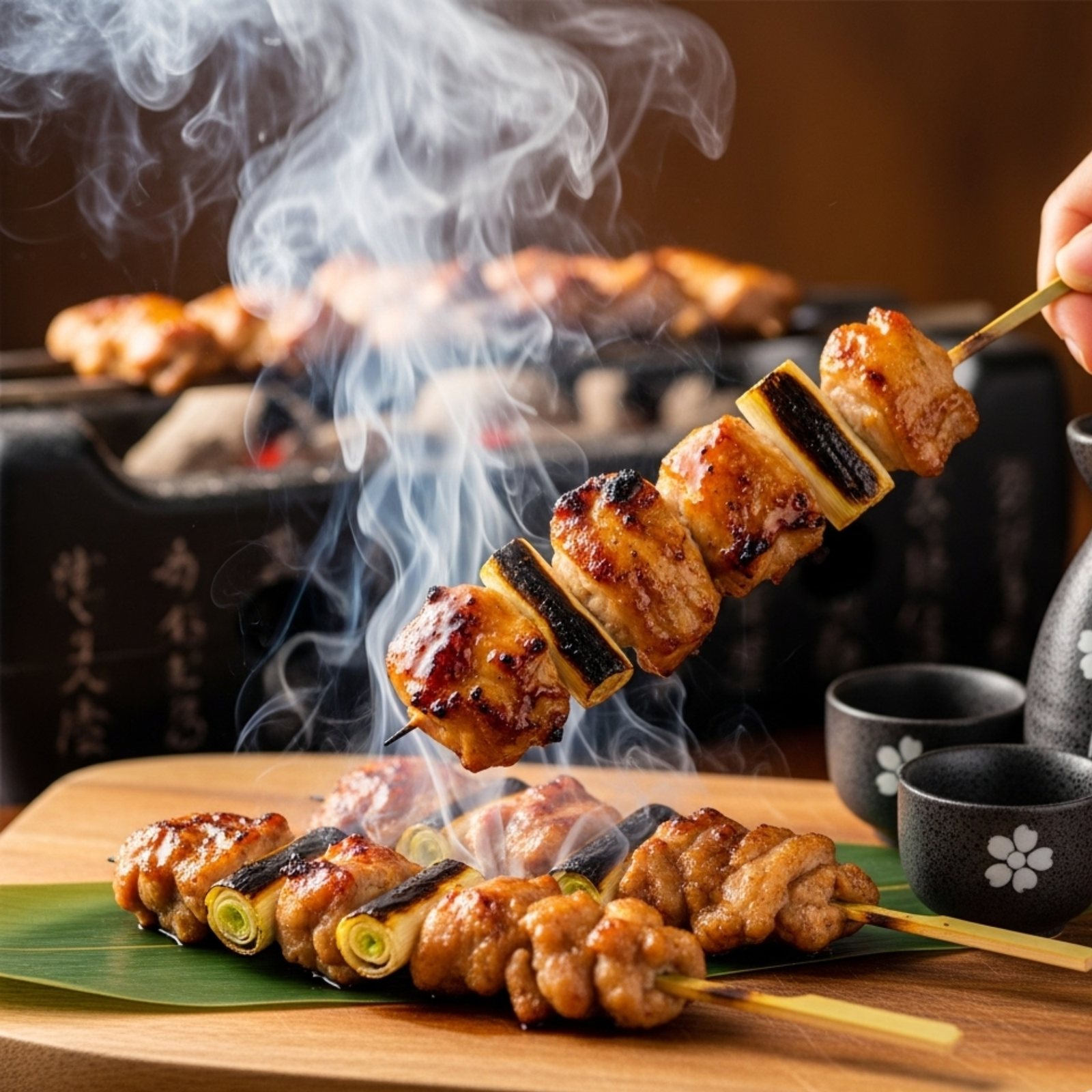Yakitori tradicional japonés con salsa tare glaseada cocinándose sobre carbón binchotan en izakaya auténtico